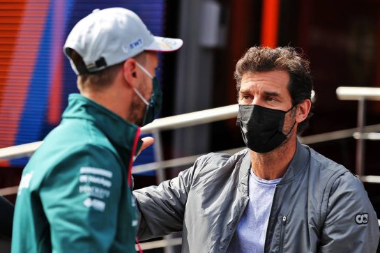 (L to R): Sebastian Vettel (GER) Aston Martin F1 Team with Mark Webber (AUS) Channel 4 Presenter.
01.07.2021. Formula 1 World Championship, Rd 9, Austrian Grand Prix, Spielberg, Austria, Preparation Day.
- www.xpbimages.com, EMail: requests@xpbimages.com © Copyright: Moy / XPB Images
