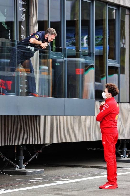 (L to R): Christian Horner (GBR) Red Bull Racing Team Principal with Mattia Binotto (ITA) Ferrari Team Principal.
02.07.2021. Formula 1 World Championship, Rd 9, Austrian Grand Prix, Spielberg, Austria, Practice Day.
- www.xpbimages.com, EMail: requests@xpbimages.com © Copyright: Moy / XPB Images