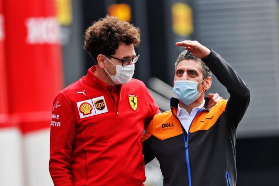 (L to R): Mattia Binotto (ITA) Ferrari Team Principal with Andrea Stella (ITA) McLaren Performance Director.
02.07.2021. Formula 1 World Championship, Rd 9, Austrian Grand Prix, Spielberg, Austria, Practice Day.
- www.xpbimages.com, EMail: requests@xpbimages.com © Copyright: Moy / XPB Images