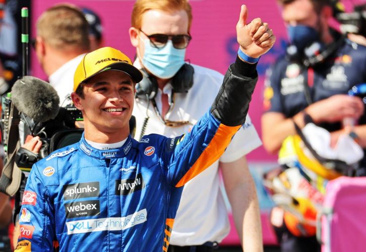 Lando Norris (GBR) McLaren celebrates his second position in qualifying parc ferme. 03.07.2021. Formula 1 World Championship, Rd 9, Austrian Grand Prix, Spielberg