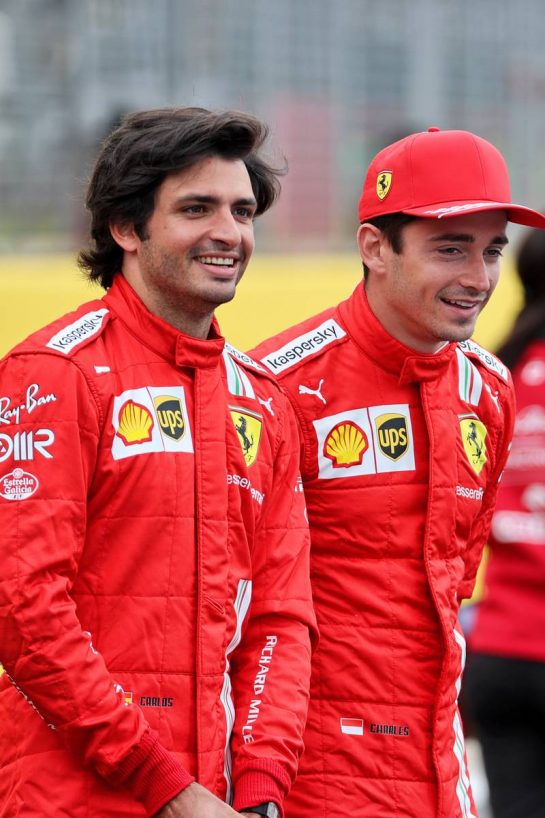 (L to R): Carlos Sainz Jr (ESP) Ferrari and team mate Charles Leclerc (MON) Ferrari - 2022 Car Launch.
15.07.2021. Formula 1 World Championship, Rd 10, British Grand Prix, Silverstone, England, Preparation Day.
- www.xpbimages.com, EMail: requests@xpbimages.com © Copyright: Batchelor / XPB Images