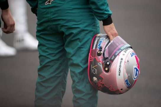 The helmet of Sebastian Vettel (GER) Aston Martin F1 Team - 2022 Car Launch.
15.07.2021. Formula 1 World Championship, Rd 10, British Grand Prix, Silverstone, England, Preparation Day.
- www.xpbimages.com, EMail: requests@xpbimages.com © Copyright: Staley / XPB Images