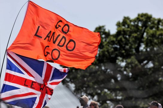 Circuit atmosphere - flags for Lewis Hamilton (GBR) Mercedes AMG F1 and Lando Norris (GBR) McLaren.
17.07.2021. Formula 1 World Championship, Rd 10, British Grand Prix, Silverstone, England, Qualifying Day.
- www.xpbimages.com, EMail: requests@xpbimages.com © Copyright: Batchelor / XPB Images