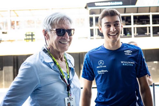 (L to R): Harrison Ford (USA) Actor with George Russell (GBR) Williams Racing.
18.07.2021. Formula 1 World Championship, Rd 10, British Grand Prix, Silverstone, England, Race Day.
- www.xpbimages.com, EMail: requests@xpbimages.com © Copyright: Bearne / XPB Images