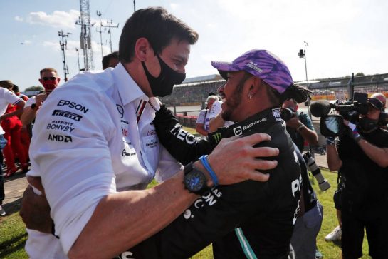 Race winner Lewis Hamilton (GBR) Mercedes AMG F1 celebrates at the end of the race with Toto Wolff (GER) Mercedes AMG F1 Shareholder and Executive Director.
18.07.2021. Formula 1 World Championship, Rd 10, British Grand Prix, Silverstone, England, Race Day.
- www.xpbimages.com, EMail: requests@xpbimages.com © Copyright: Staley / XPB Images