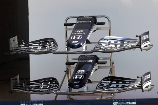 AlphaTauri AT02 front wings.
29.07.2021. Formula 1 World Championship, Rd 11, Hungarian Grand Prix, Budapest, Hungary, Preparation Day.
- www.xpbimages.com, EMail: requests@xpbimages.com © Copyright: Batchelor / XPB Images