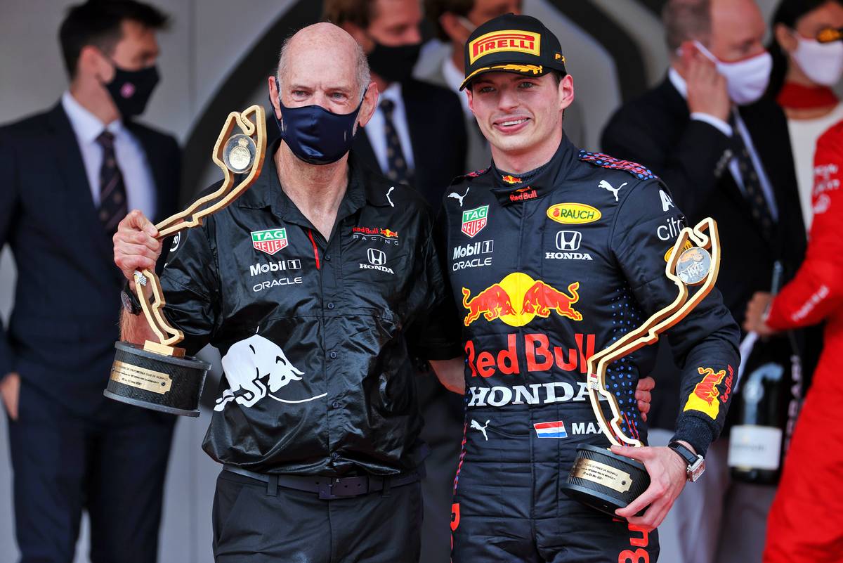 Adrian Newey (GBR) Red Bull Racing Chief Technical Officer celebrates on the podium with race winner Max Verstappen (NLD) Red Bull Racing. 23.05.2021. Formula 1 World Championship, Rd 5, Monaco Grand Prix, Monte Carlo