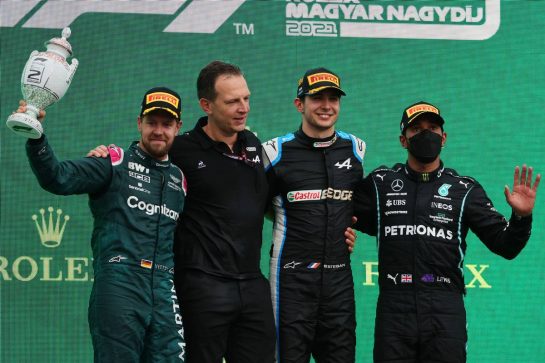 2nd Sebastian Vettel (GER) Aston Martin F1 Team AMR21 with Laurent Rossi (FRA) Alpine Chief Executive Officer, 1st place Esteban Ocon (FRA) Alpine F1 Team A521. and 3rd place Lewis Hamilton (GBR) Mercedes AMG F1 W12.
01.08.2021. Formula 1 World Championship, Rd 11, Hungarian Grand Prix, Budapest, Hungary, Race Day.
- www.xpbimages.com, EMail: requests@xpbimages.com © Copyright: Batchelor / XPB Images