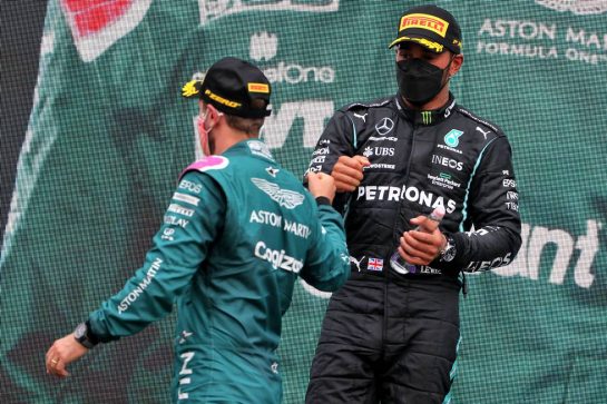 Sebastian Vettel (GER) Aston Martin F1 Team celebrates his second position on the podium with third placed Lewis Hamilton (GBR) Mercedes AMG F1.
01.08.2021. Formula 1 World Championship, Rd 11, Hungarian Grand Prix, Budapest, Hungary, Race Day.
- www.xpbimages.com, EMail: requests@xpbimages.com © Copyright: Moy / XPB Images