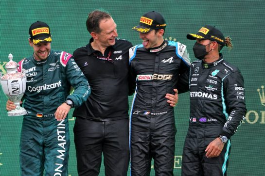 The podium (L to R): Sebastian Vettel (GER) Aston Martin F1 Team, second; Laurent Rossi (FRA) Alpine Chief Executive Officer; Esteban Ocon (FRA) Alpine F1 Team, race winner; Lewis Hamilton (GBR) Mercedes AMG F1, third.
01.08.2021. Formula 1 World Championship, Rd 11, Hungarian Grand Prix, Budapest, Hungary, Race Day.
- www.xpbimages.com, EMail: requests@xpbimages.com © Copyright: Moy / XPB Images