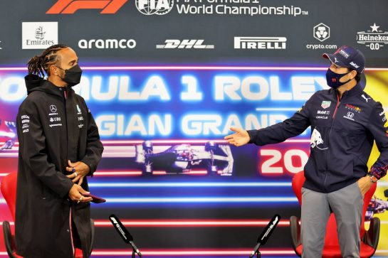 (L to R): Lewis Hamilton (GBR) Mercedes AMG F1 and Sergio Perez (MEX) Red Bull Racing in the FIA Press Conference.
26.08.2021. Formula 1 World Championship, Rd 12, Belgian Grand Prix, Spa Francorchamps, Belgium, Preparation Day.
- www.xpbimages.com, EMail: requests@xpbimages.com © Copyright: Charniaux / XPB Images