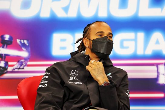 Lewis Hamilton (GBR) Mercedes AMG F1 in the FIA Press Conference.
26.08.2021. Formula 1 World Championship, Rd 12, Belgian Grand Prix, Spa Francorchamps, Belgium, Preparation Day.
- www.xpbimages.com, EMail: requests@xpbimages.com © Copyright: Charniaux / XPB Images