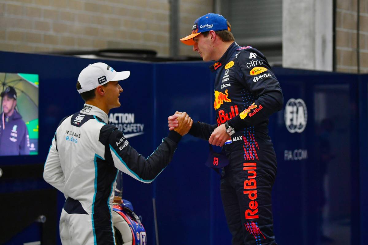second placed George Russell (GBR) Williams Racing in qualifying parc ferme with pole sitter Max Verstappen (NLD) Red Bull Racing. 28.08.2021. Formula 1 World Championship, Rd 12, Belgian Grand Prix, Spa