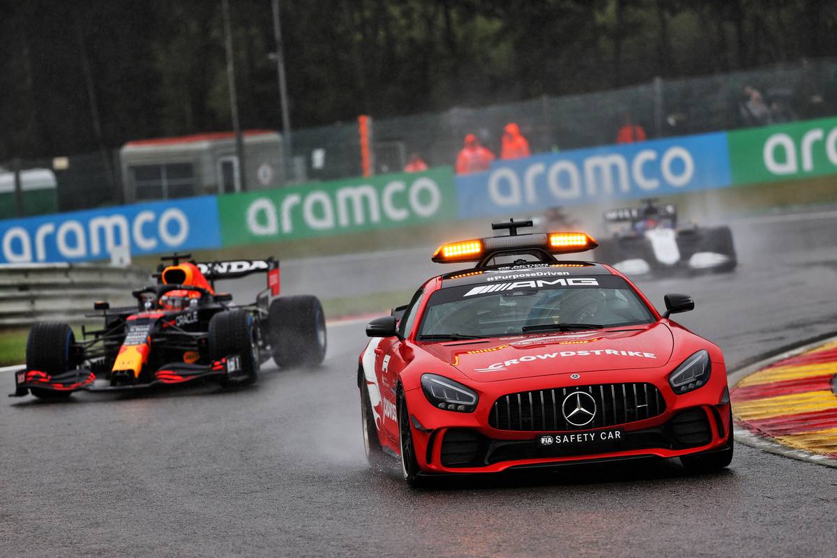 Max Verstappen (NLD) Red Bull Racing RB16B leads behind the Mercedes FIA Safety Car. 29.08.2021. Formula 1 World Championship, Rd 12, Belgian Grand Prix, Spa