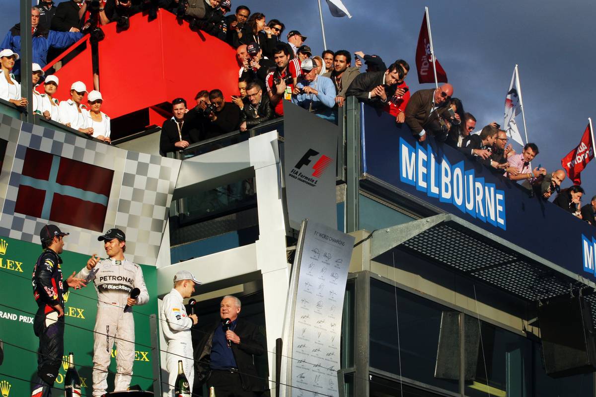 The podium (L to R): Daniel Ricciardo (AUS) Red Bull Racing, second; Nico Rosberg (GER) Mercedes AMG F1, race winner; Kevin Magnussen (DEN) McLaren, third; Alan Jones (AUS). 16.03.2014. Formula 1 World Championship, Rd 1, Australian Grand Prix