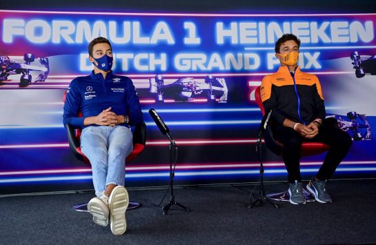 (L to R): George Russell (GBR) Williams Racing and Lando Norris (GBR) McLaren in the FIA Press Conference.
02.09.2021. Formula 1 World Championship, Rd 13, Dutch Grand Prix, Zandvoort, Netherlands, Preparation Day.
- www.xpbimages.com, EMail: requests@xpbimages.com © Copyright: FIA Pool Image for Editorial Use Only