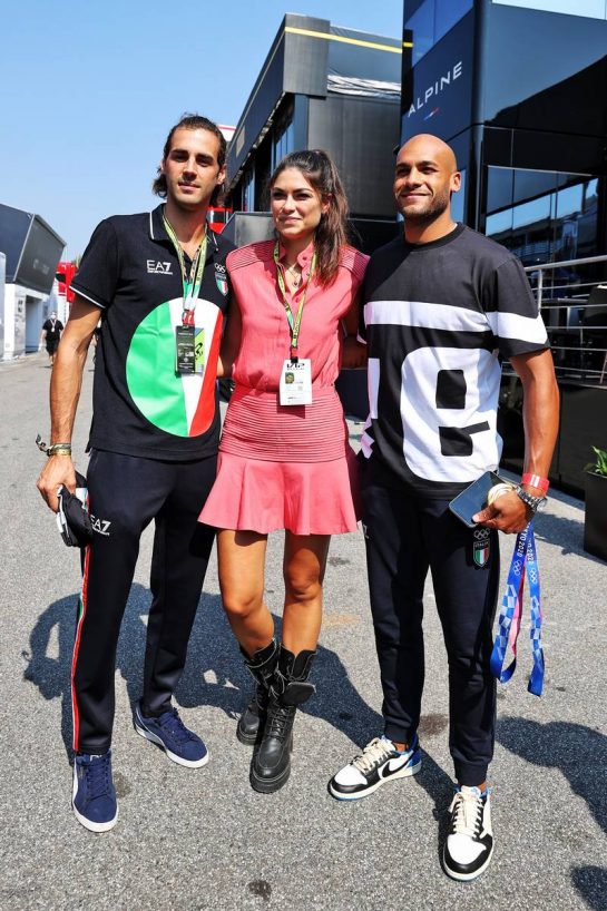Linda Morselli, girlfriend of Fernando Alonso (ESP) Alpine F1 Team, with Gianmarco Tamberi (ITA) Olympic High Jump Champion (Left) and Lamont Marcell Jacobs (ITA) Olympic 100m Champion (Right).
12.09.2021. Formula 1 World Championship, Rd 14, Italian Grand Prix, Monza, Italy, Race Day.
- www.xpbimages.com, EMail: requests@xpbimages.com © Copyright: Moy / XPB Images
