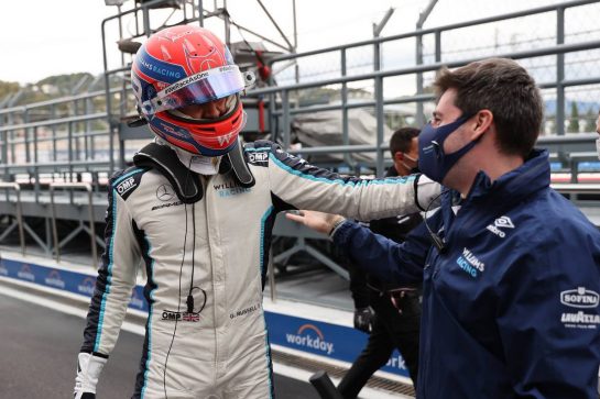 George Russell (GBR) Williams Racing FW43B celebrates 3rd position in qualifying parc ferme.
25.09.2021. Formula 1 World Championship, Rd 15, Russian Grand Prix, Sochi Autodrom, Sochi, Russia, Qualifying Day.
- www.xpbimages.com, EMail: requests@xpbimages.com © Copyright: Batchelor / XPB Images