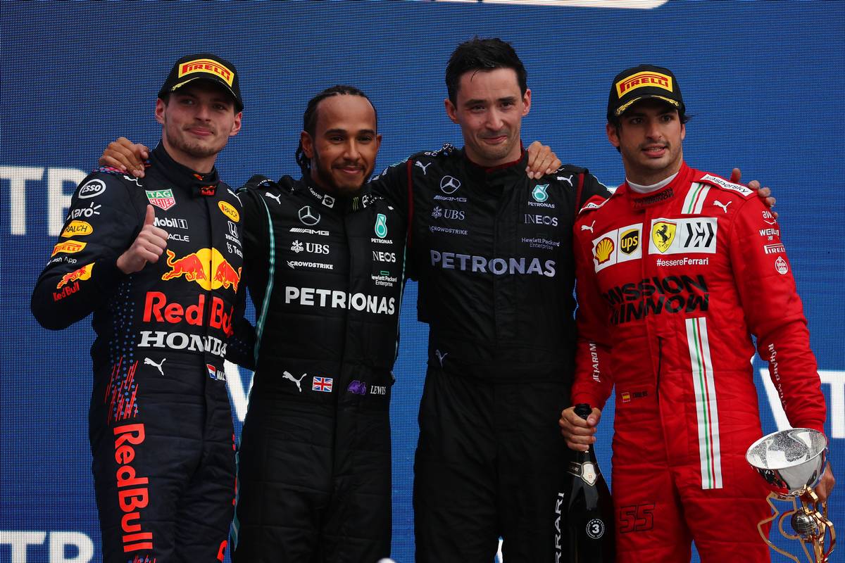 1st place Lewis Hamilton (GBR) Mercedes AMG F1 W12 with 2nd place Max Verstappen (NLD) Red Bull Racing RB16B and 3rd place Carlos Sainz Jr (ESP) Ferrari SF-21.