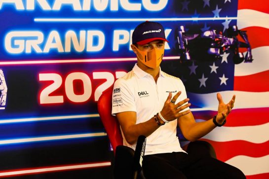 Lando Norris (GBR) McLaren in the FIA Press Conference.
21.10.2021. Formula 1 World Championship, Rd 17, United States Grand Prix, Austin, Texas, USA, Preparation Day.
- www.xpbimages.com, EMail: requests@xpbimages.com © Copyright: FIA Pool Image for Editorial Use Only