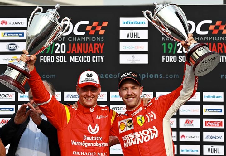 Sebastian Vettel and Mick Schumacher celebrate second place in the 2019 ROC Nations Cup for Team Germany in Mexico City.