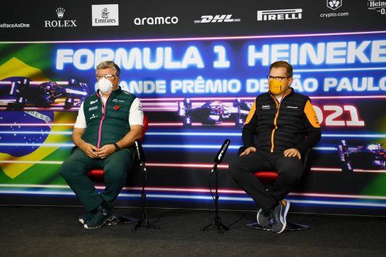 (L to R): Otmar Szafnauer (USA) Aston Martin F1 Team Principal and CEO and Andreas Seidl, McLaren Managing Director in the FIA Press Conference.
12.11.2021. Formula 1 World Championship, Rd 19, Brazilian Grand Prix, Sao Paulo, Brazil, Qualifying Day.
- www.xpbimages.com, EMail: requests@xpbimages.com © Copyright: FIA Pool Image for Editorial Use Only