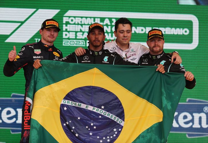 1st place Lewis Hamilton (GBR) Mercedes AMG F1 W12, 2nd place Max Verstappen (NLD) Red Bull Racing RB16B and 3rd place Valtteri Bottas (FIN) Mercedes AMG F1. 14.11.2021. Formula 1 World Championship, Rd 19, Brazilian Grand Prix, Sao Paulo