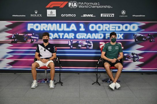 (L to R): Pierre Gasly (FRA) AlphaTauri and Lance Stroll (CDN) Aston Martin F1 Team in the FIA Press Conference.
18.11.2021. Formula 1 World Championship, Rd 20, Qatar Grand Prix, Doha, Qatar, Preparation Day.
- www.xpbimages.com, EMail: requests@xpbimages.com © Copyright: FIA Pool Image for Editorial Use Only