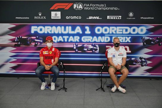 (L to R): Charles Leclerc (MON) Ferrari and Nikita Mazepin (RUS) Haas F1 Team in the FIA Press Conference.
18.11.2021. Formula 1 World Championship, Rd 20, Qatar Grand Prix, Doha, Qatar, Preparation Day.
- www.xpbimages.com, EMail: requests@xpbimages.com © Copyright: FIA Pool Image for Editorial Use Only