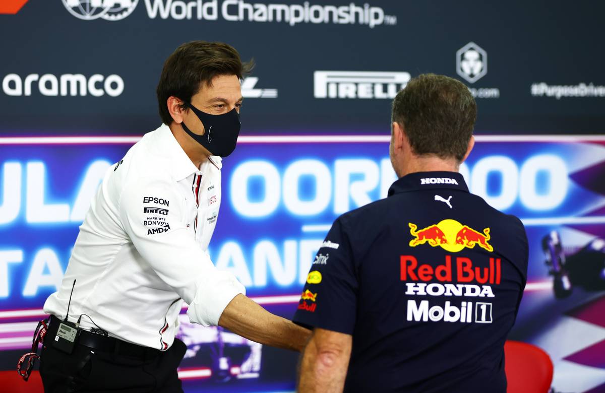 Toto Wolff (GER) Mercedes AMG F1 Shareholder and Executive Director and Christian Horner (GBR) Red Bull Racing Team Principal in the FIA Press Conference. 19.11.2021 Formula 1 World Championship, Rd 20, Qatar Grand Prix, Doha, Qatar