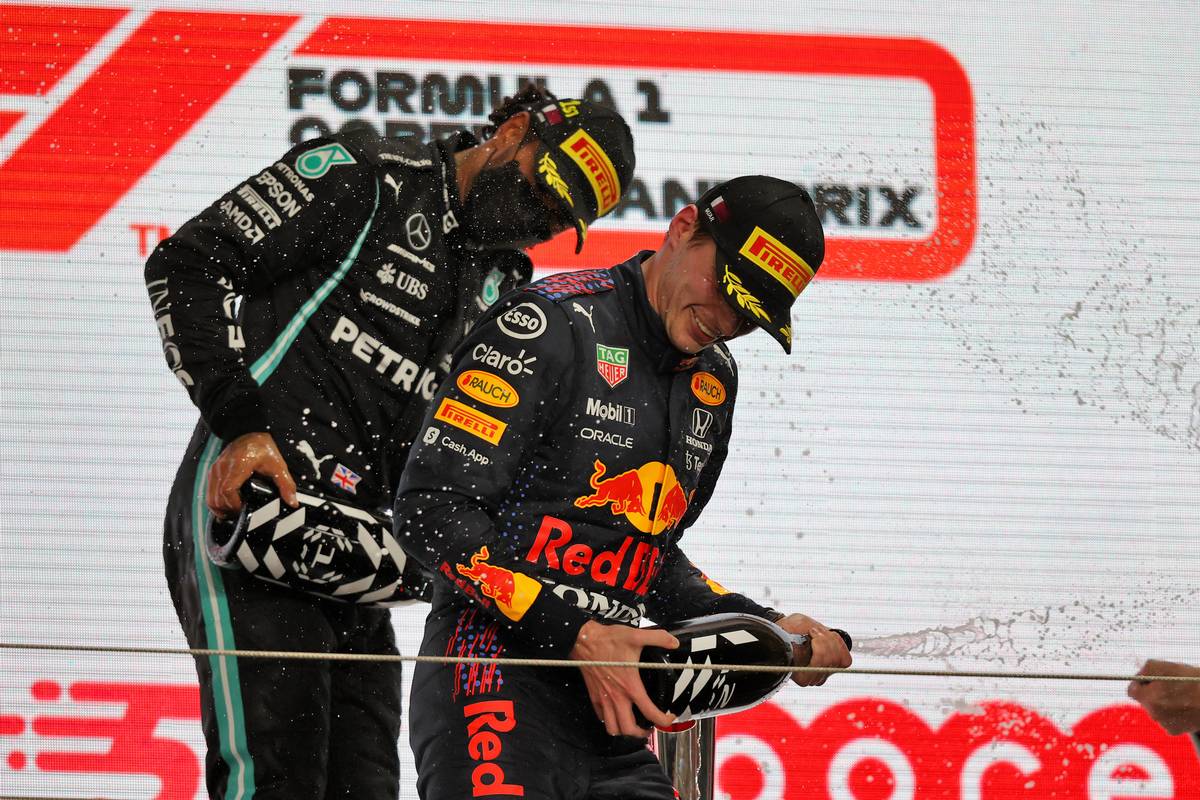 Max Verstappen (NLD) Red Bull Racing celebrates his second position on the podium. 21.11.2021. Formula 1 World Championship, Rd 20, Qatar Grand Prix, Doha