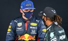 Max Verstappen (NLD) Red Bull Racing with Lewis Hamilton (GBR) Mercedes AMG F1 in parc ferme. 11.10.2020. Formula 1 World Championship, Rd 11, Eifel Grand Prix, Nurbugring, Germany