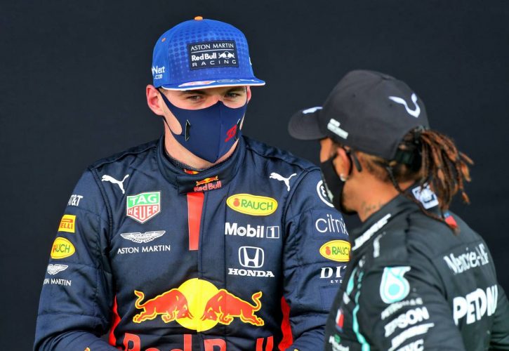 Max Verstappen (NLD) Red Bull Racing with Lewis Hamilton (GBR) Mercedes AMG F1 in parc ferme. 11.10.2020. Formula 1 World Championship, Rd 11, Eifel Grand Prix, Nurbugring, Germany