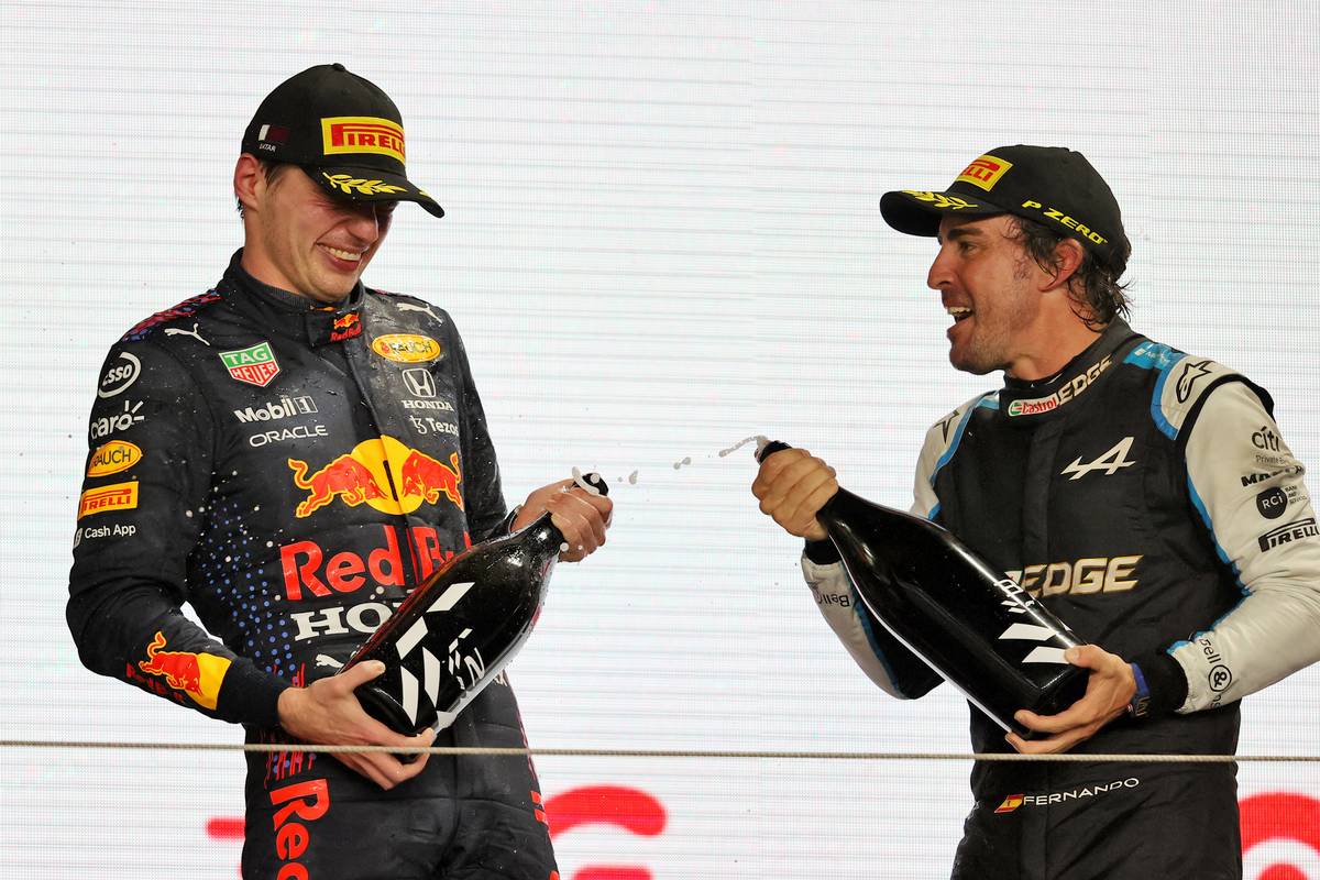 Fernando Alonso (ESP) Alpine F1 Team (Right) celebrates his third position on the podium with second placed Max Verstappen (NLD) Red Bull Racing. 21.11.2021. Formula 1 World Championship, Rd 20, Qatar