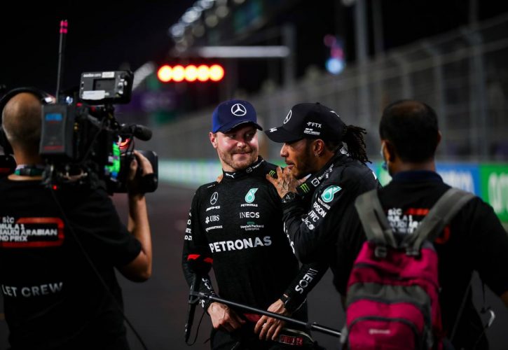 Lewis Hamilton (GBR) Mercedes AMG F1 (Right) celebrates his pole position with second placed team mate Valtteri Bottas (FIN) Mercedes AMG F1 in qualifying parc ferme. 04.12.2021. Formula 1 World Championship, Rd 21, Saudi Arabian Grand Prix, Jeddah