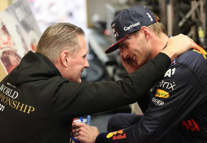 1st place and new World Champion, Max Verstappen (NLD) Red Bull Racing RB16B with Jos Verstappen (NLD). 12.12.2021. Formula 1 World Championship, Rd 22, Abu Dhabi Grand Prix, Yas Marina