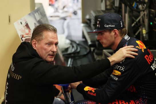 1st place and new World Champion, Max Verstappen (NLD) Red Bull Racing RB16B with Jos Verstappen (NLD).12.12.2021. Formula 1 World Championship, Rd 22, Abu Dhabi Grand Prix, Yas Marina Circuit, Abu Dhabi, Race Day.- www.xpbimages.com, EMail: requests@xpbimages.com © Copyright: Batchelor / XPB Images