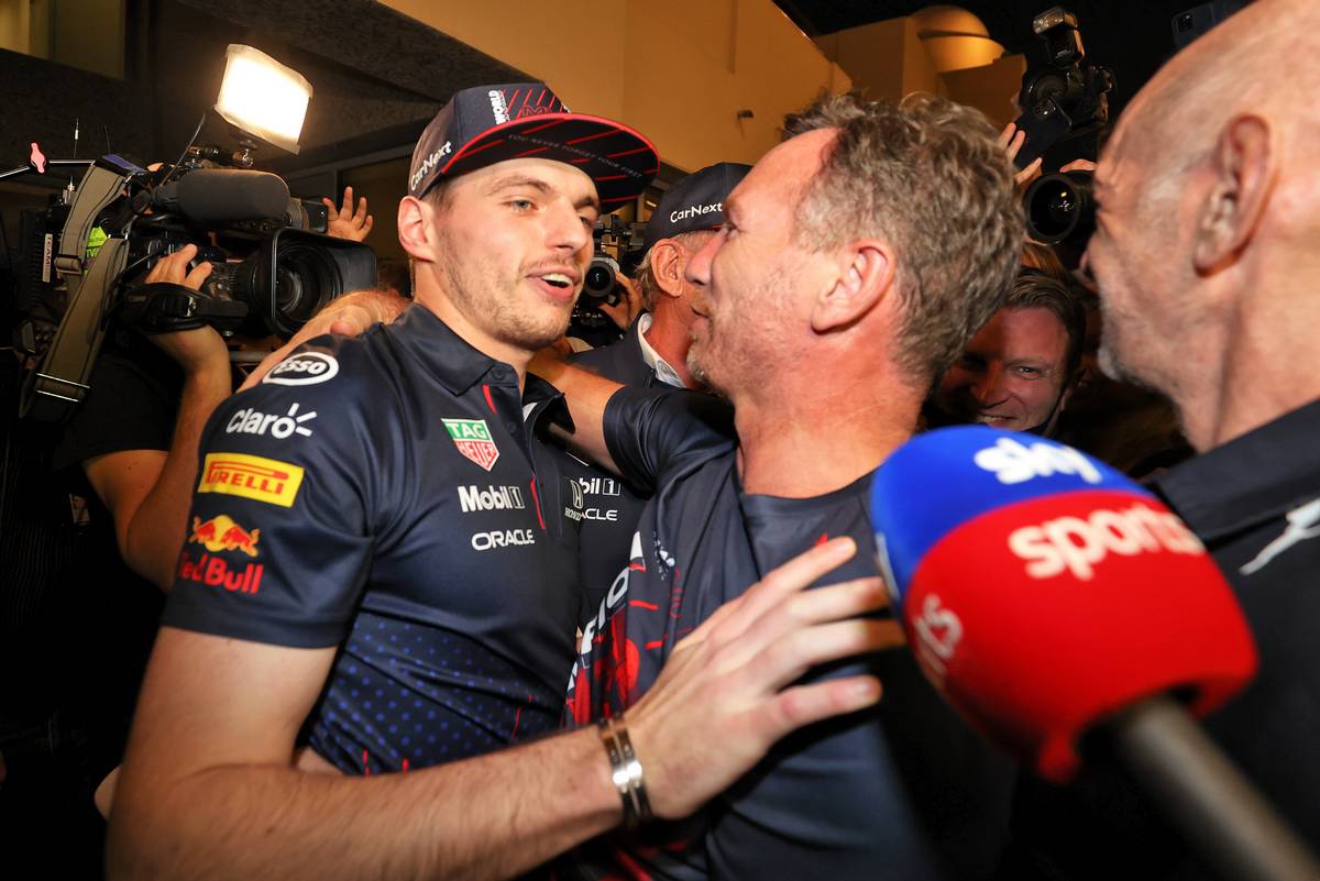 Race winner and World Champion Max Verstappen (NLD) Red Bull Racing celebrates with Christian Horner (GBR) Red Bull Racing Team Principal. 12.12.2021. Formula 1 World Championship, Rd 22, Abu Dhabi Grand Prix, Yas Marina