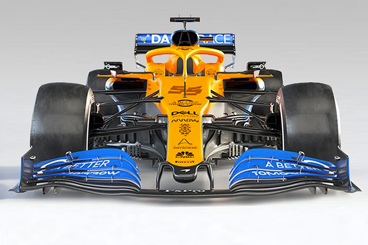 Head-on shot of the MCL35, the McLaren car used for the 2020-21 seasons