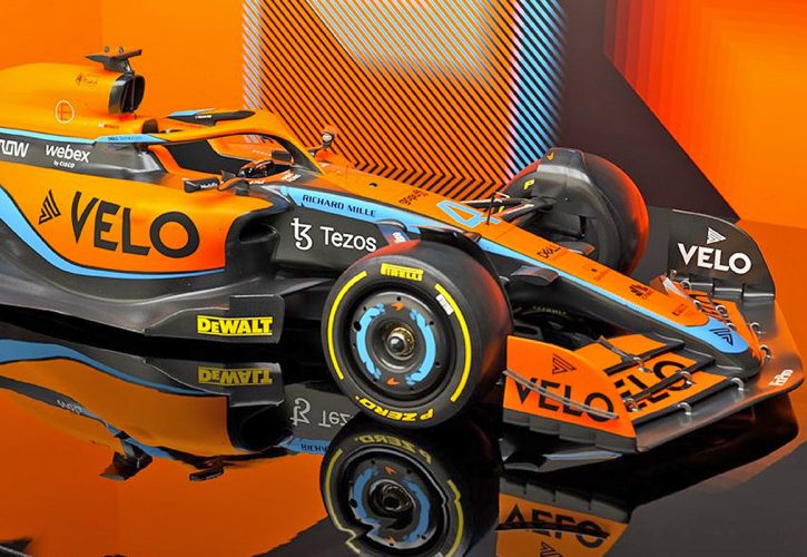 Studio shot of the new McLaren MCL36 car launched in February 2022
