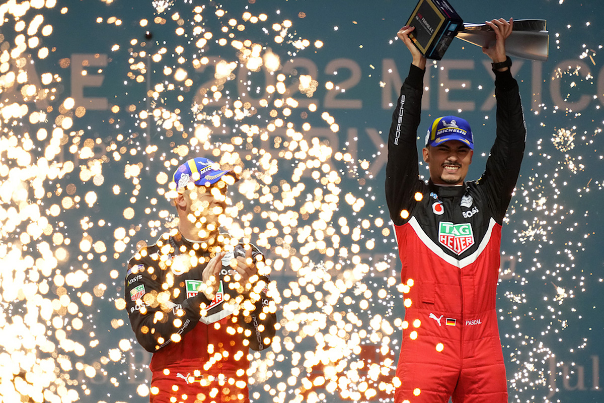 Porsche's Pascal Wehrlein celebrates victory in the 2022 Mexico City E-Prix.