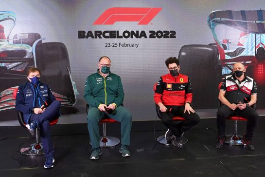 (L to R): Jost Capito (GER) Williams Racing Chief Executive Officer; Tom McCullough (GBR) Aston Martin F1 Team Performance Director; Mattia Binotto (ITA) Ferrari Team Principal; and Frederic Vasseur (FRA) Alfa Romeo F1 Team Team Principal, in the FIA Press Conference.
24.02.2022. Formula One Testing, Day Two, Barcelona, Spain. Thursday.
- www.xpbimages.com, EMail: requests@xpbimages.com © Copyright: FIA Pool Image for Editorial Use Only