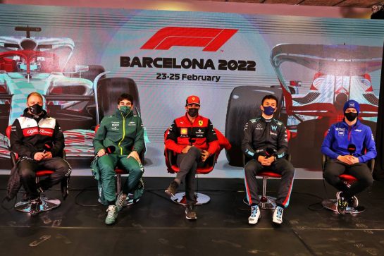 (L to R): Valtteri Bottas (FIN) Mercedes AMG F1; Lance Stroll (CDN) Aston Martin F1 Team; Carlos Sainz Jr (ESP) Ferrari; Alexander Albon (THA) Williams Racing; and Mick Schumacher (GER) Haas F1 Team, in the FIA Press Conference.
25.02.2022. Formula One Testing, Day Three, Barcelona, Spain. Friday.
- www.xpbimages.com, EMail: requests@xpbimages.com © Copyright: Bearne / XPB Images
