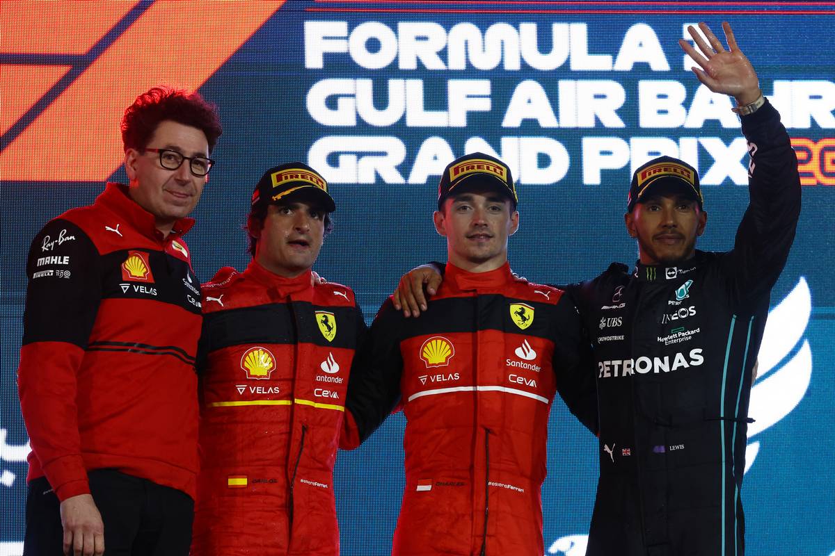 1st place Charles Leclerc (MON) Ferrari, 2nd place Carlos Sainz Jr (ESP) Ferrari and 3rd place Lewis Hamilton (GBR) Mercedes AMG F1 with Mattia Binotto (ITA) Ferrari Team Principal. 20.03.2022. Formula 1 World Championship, Rd 1, Bahrain Grand Prix, Sakhir