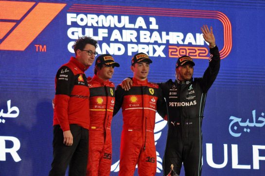 The podium (L to R): Mattia Binotto (ITA) Ferrari Team Principal; Carlos Sainz Jr (ESP) Ferrari, second; Charles Leclerc (MON) Ferrari, race winner; Lewis Hamilton (GBR) Mercedes AMG F1, third.
20.03.2022. Formula 1 World Championship, Rd 1, Bahrain Grand Prix, Sakhir, Bahrain, Race Day.
- www.xpbimages.com, EMail: requests@xpbimages.com © Copyright: Moy / XPB Images