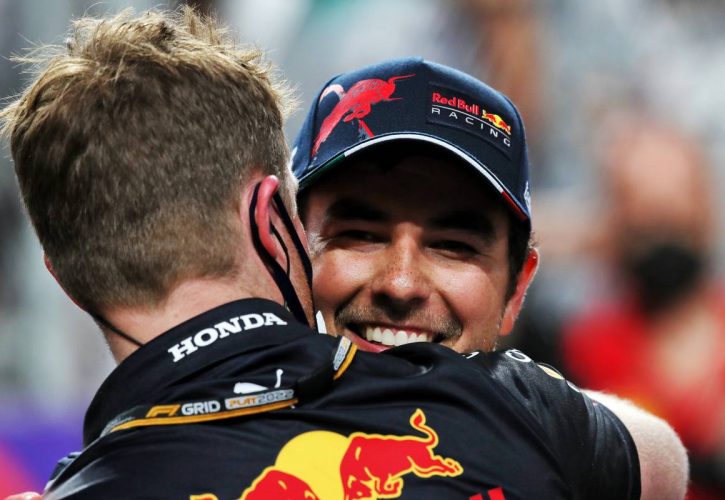 Sergio Perez (MEX) Red Bull Racing celebrates his pole position in qualifying parc ferme. 26.03.2022. Formula 1 World Championship, Rd 2, Saudi Arabian Grand Prix, Jeddah