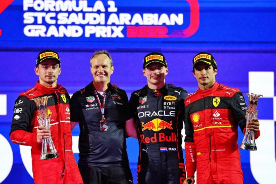 The podium (L to R): Mattia Binotto (ITA) Ferrari Team Principal; Carlos Sainz Jr (ESP) Ferrari, second; Charles Leclerc (MON) Ferrari, race winner; Lewis Hamilton (GBR) Mercedes AMG F1, third.
27.03.2022. Formula 1 World Championship, Rd 2, Saudi Arabian Grand Prix, Jeddah, Saudi Arabia, Race Day.
- www.xpbimages.com, EMail: requests@xpbimages.com © Copyright: Batchelor / XPB Images
