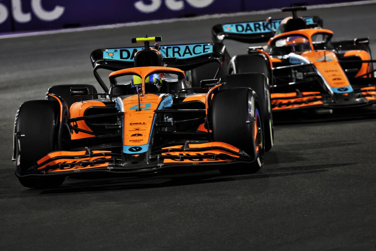 Lando Norris (GBR) McLaren MCL36 leads team mate Daniel Ricciardo (AUS) McLaren MCL36. 27.03.2022. Formula 1 World Championship, Rd 2, Saudi Arabian Grand Prix, Jeddah