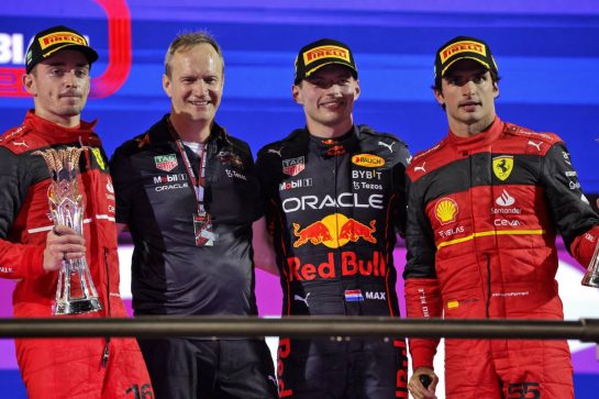 The podium (L to R): Charles Leclerc (MON) Ferrari, second; Paul Monaghan (GBR) Red Bull Racing Chief Engineer; Max Verstappen (NLD) Red Bull Racing, race winner; Carlos Sainz Jr (ESP) Ferrari, third.
27.03.2022. Formula 1 World Championship, Rd 2, Saudi Arabian Grand Prix, Jeddah, Saudi Arabia, Race Day.
- www.xpbimages.com, EMail: requests@xpbimages.com © Copyright: Bearne / XPB Images