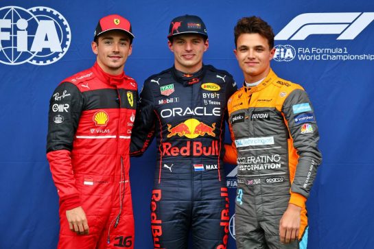 Qualifying top three in parc ferme (L to R): Charles Leclerc (MON) Ferrari, second; Max Verstappen (NLD) Red Bull Racing, pole position; Lando Norris (GBR) McLaren, third.
22.04.2022. Formula 1 World Championship, Rd 4, Emilia Romagna Grand Prix, Imola, Italy, Qualifying Day.
- www.xpbimages.com, EMail: requests@xpbimages.com © Copyright: Batchelor / XPB Images